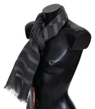 Gray Striped Wool Unisex Neck Wrap Fringes Scarf