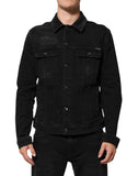 Black Cotton Denim Stretch Button Up Jacket