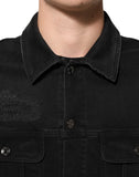 Black Cotton Denim Stretch Button Up Jacket
