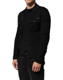 Black Cotton Denim Stretch Button Up Jacket