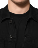 Black Cotton Denim Stretch Button Up Jacket