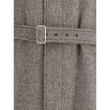 Coat in herringbone-patterned fabric