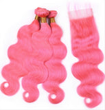 #Pink 10A Grade #1B/Pink Brazilian Body Wave 3/4 BUNDLES with CLOSURES